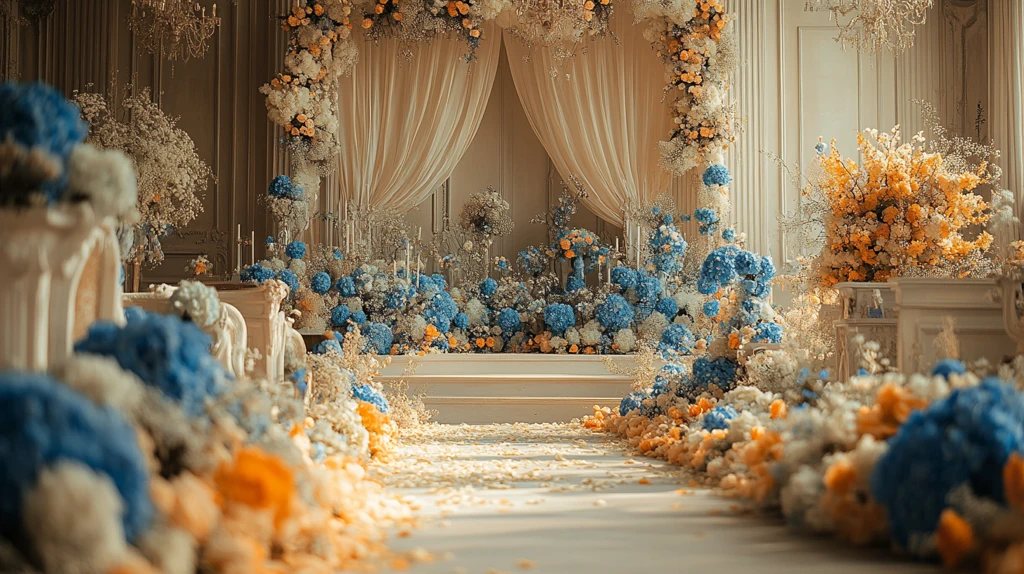 婚礼舞台装饰蓝色白色花朵