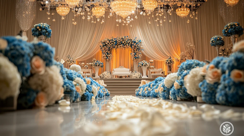 婚礼舞台装饰蓝色白色花朵