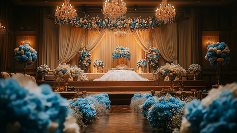婚礼舞台装饰蓝色白色花朵