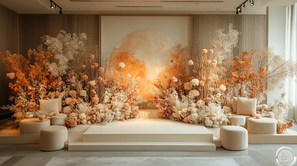 婚礼背景玫瑰金奶油色调干燥花