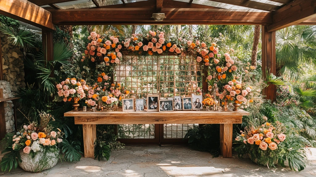 婚礼欢迎桌与干花玫瑰