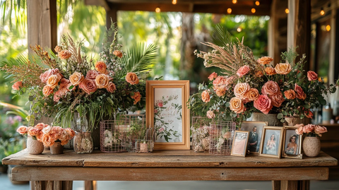 婚礼欢迎桌与干花玫瑰