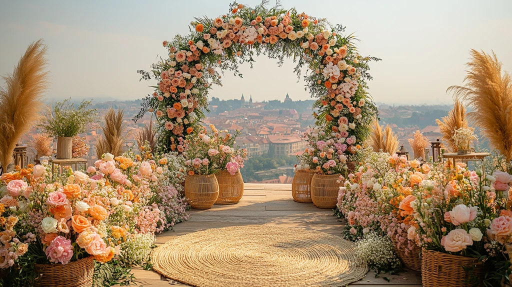 屋顶婚礼布置与城市景观