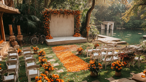 户外婚礼装饰与白色椅子