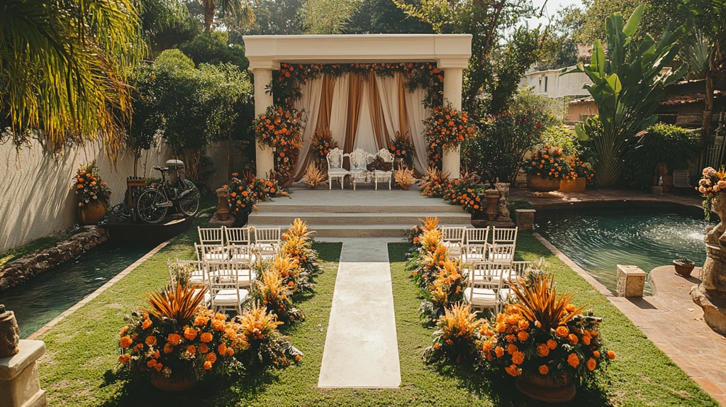 户外婚礼装饰与白色椅子