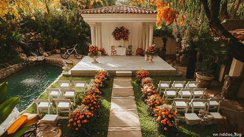 户外婚礼装饰与白色椅子