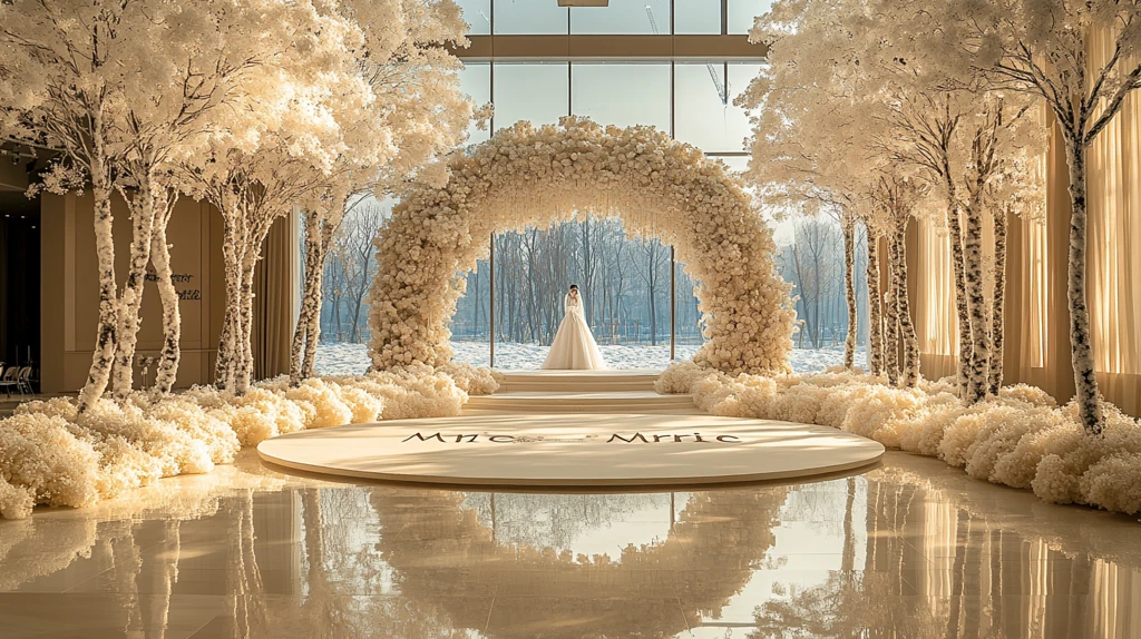 白色花环圆形婚礼舞台