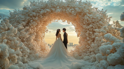 白色花拱门下的婚礼仪式