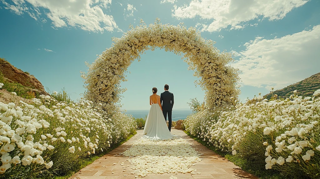 白色花拱门下的婚礼仪式