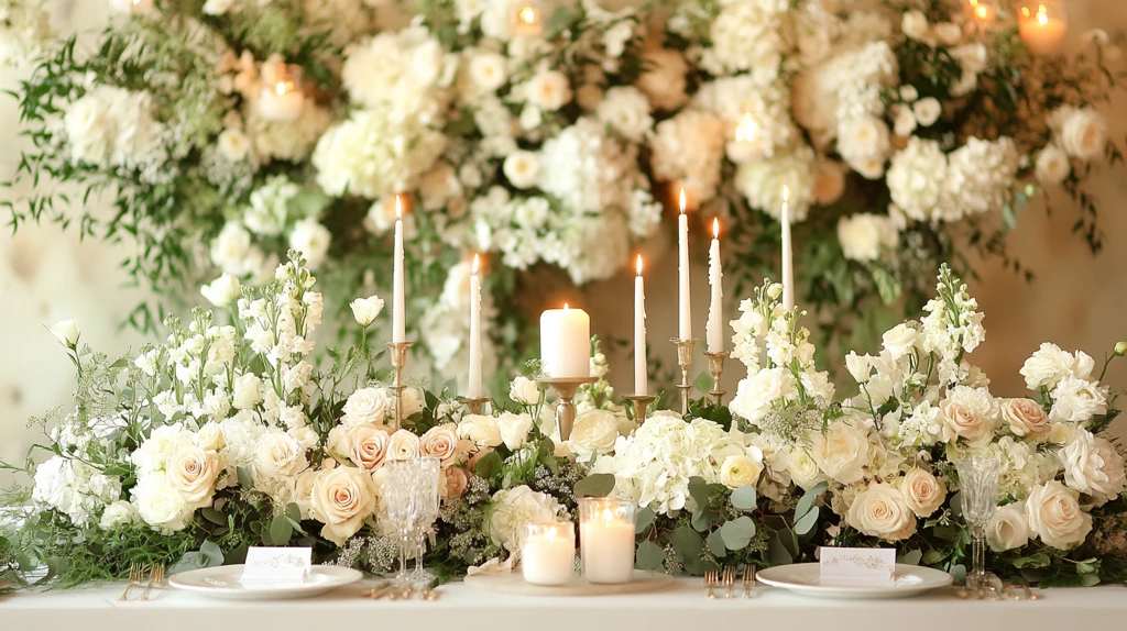 白色婚礼桌与玫瑰装饰