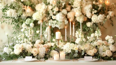 白色婚礼桌与玫瑰装饰