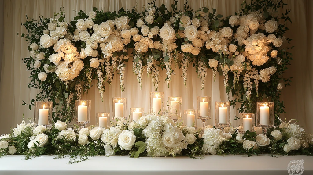 白色婚礼桌与玫瑰装饰