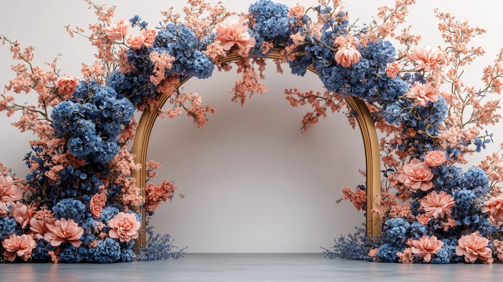 3D婚礼拱门蓝白粉花金框