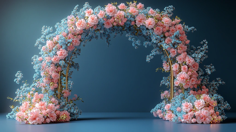 3D婚礼拱门蓝白粉花金框