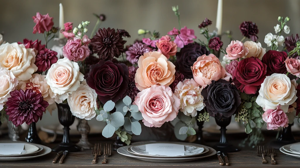 黑粉玫瑰婚礼桌花