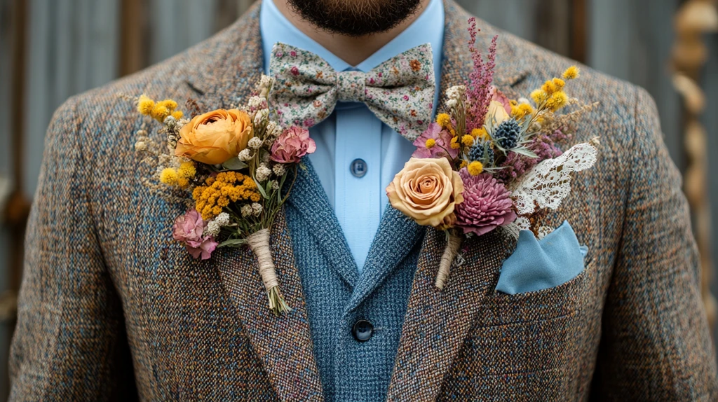 棕色西装蓝色衬衫领结装饰