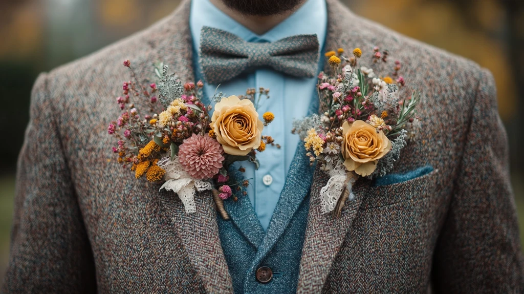 棕色西装蓝色衬衫领结装饰