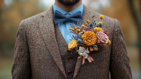 棕色西装蓝色衬衫领结装饰