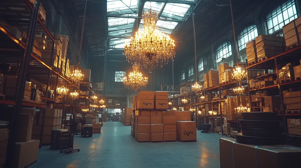 仓库金属框架箱与吊灯