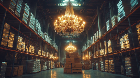 仓库金属框架箱与吊灯