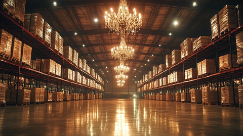 仓库金属框架箱与吊灯