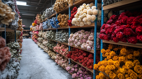 婚礼装饰公司仓库的干花堆栈