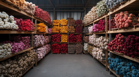 婚礼装饰公司仓库的干花堆栈