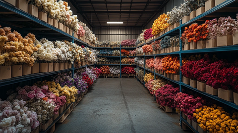 婚礼装饰公司仓库的干花堆栈