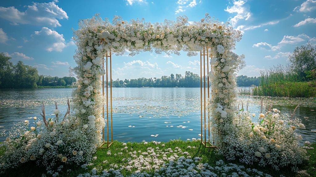 金色框架白色花卉婚礼舞台