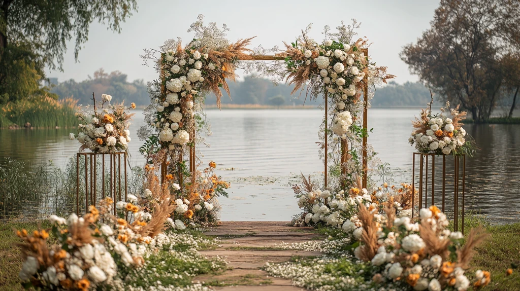 金色框架白色花卉婚礼舞台