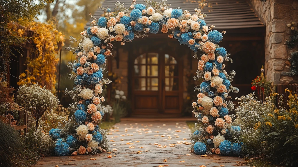 婚礼拱门蓝白花装饰