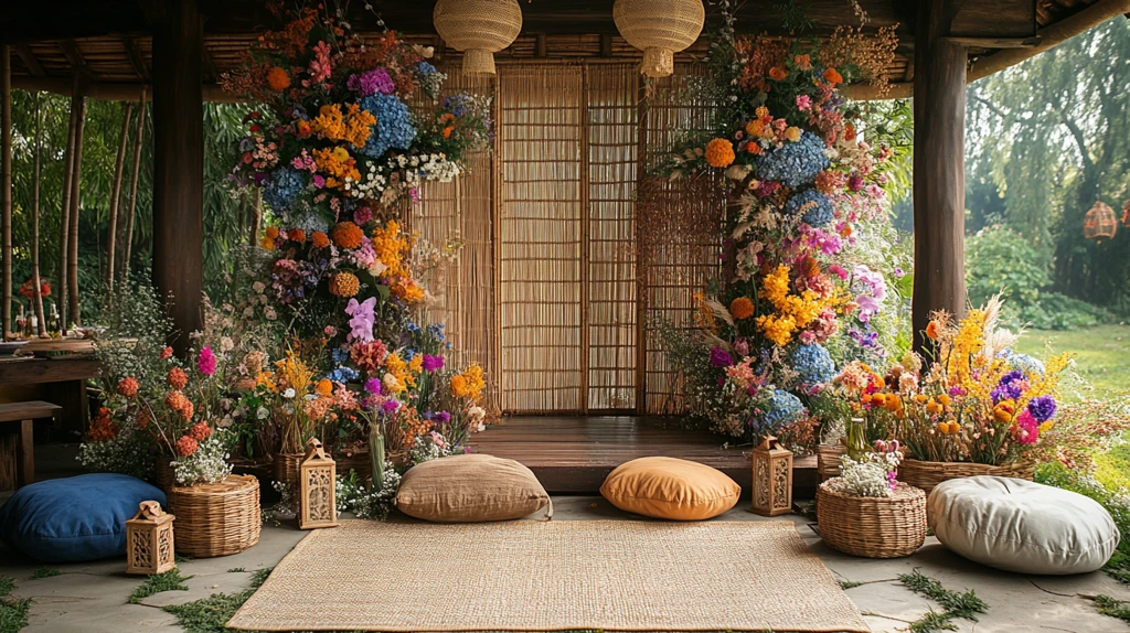 竹屏风与干花装饰的户外婚礼