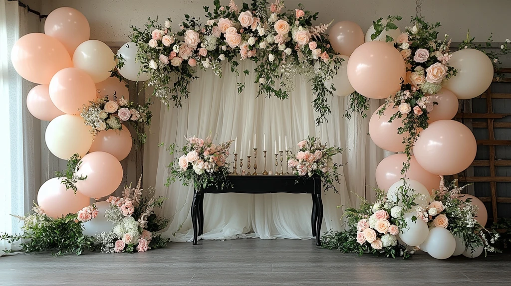 白粉色花卉拱门与气球装饰