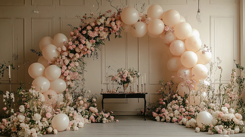 白粉色花卉拱门与气球装饰