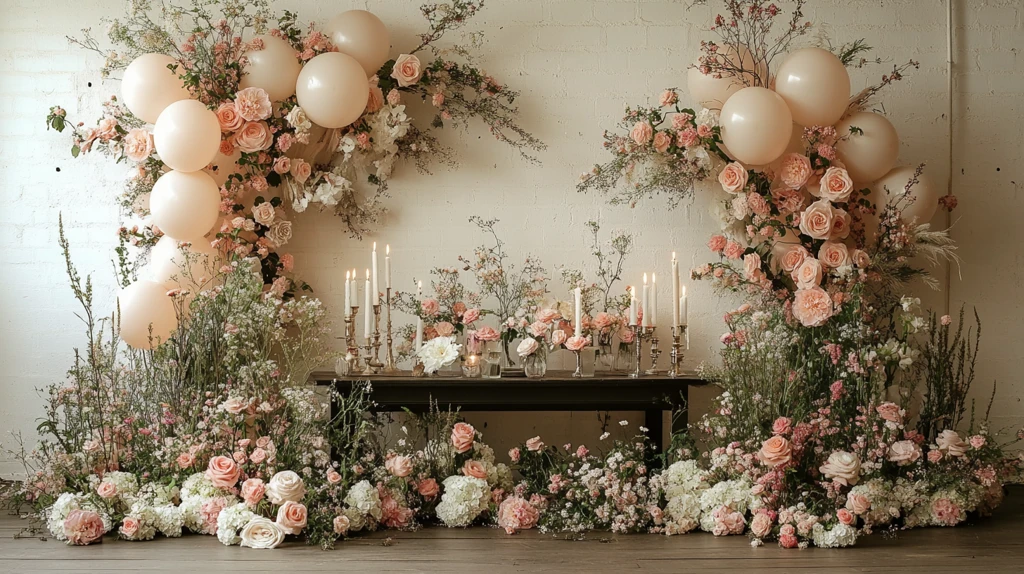 白粉色花卉拱门与气球装饰