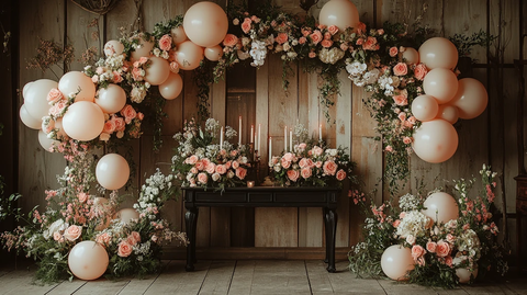 白粉色花卉拱门与气球装饰