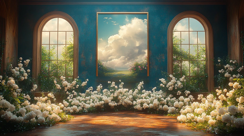 蓝色墙壁与白色花卉装饰