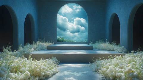 蓝色墙壁与白色花卉装饰