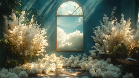 蓝色墙壁与白色花卉装饰