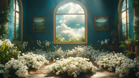 蓝色墙壁与白色花卉装饰