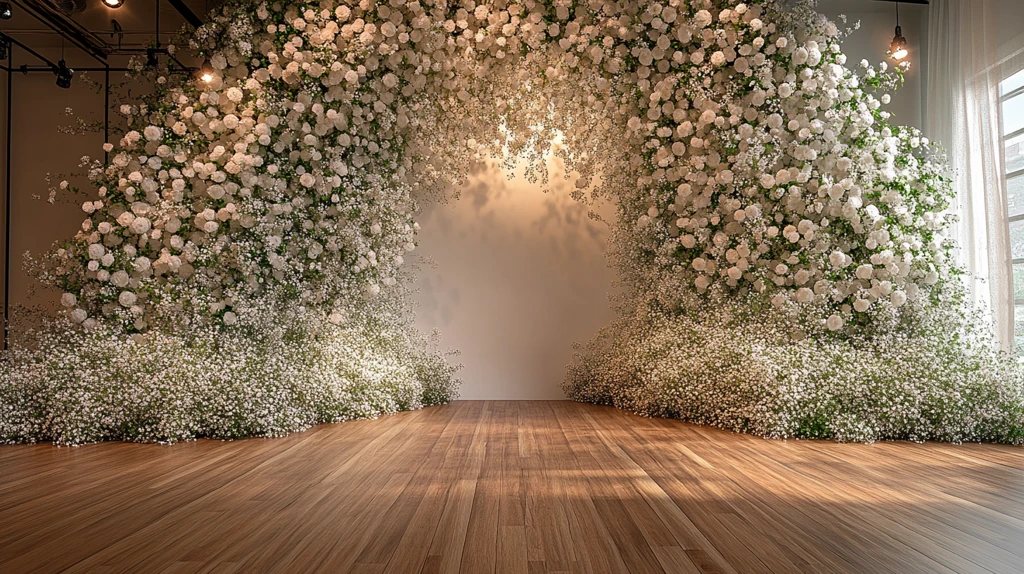 婚礼舞台背景白色花朵木地板