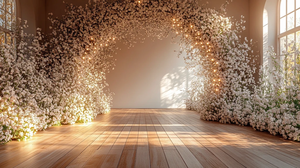 婚礼舞台背景白色花朵木地板