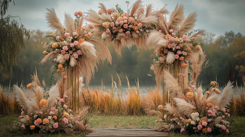 婚礼拱门与粉色花朵