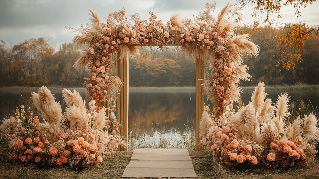 婚礼拱门与粉色花朵