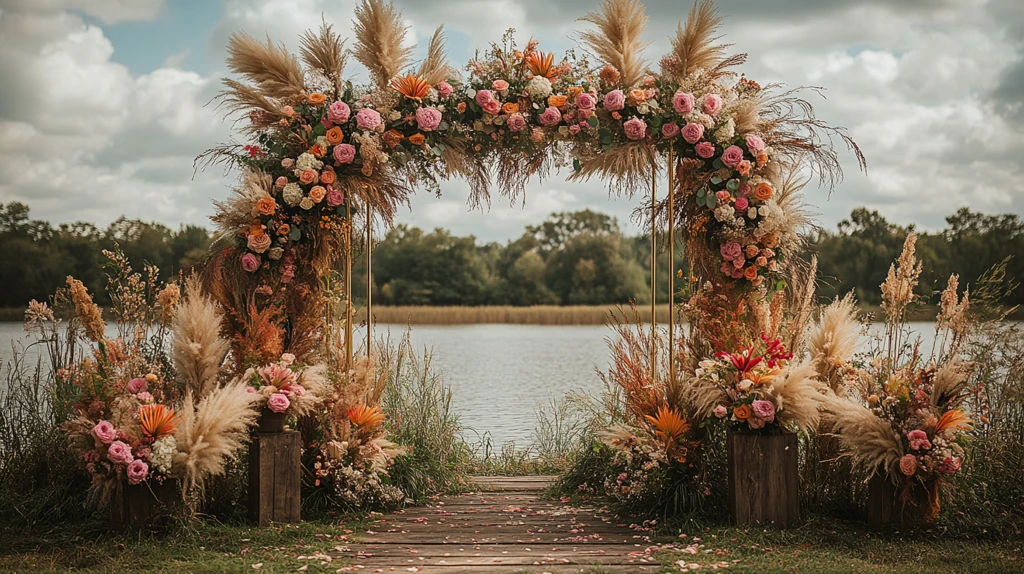 婚礼拱门与粉色花朵