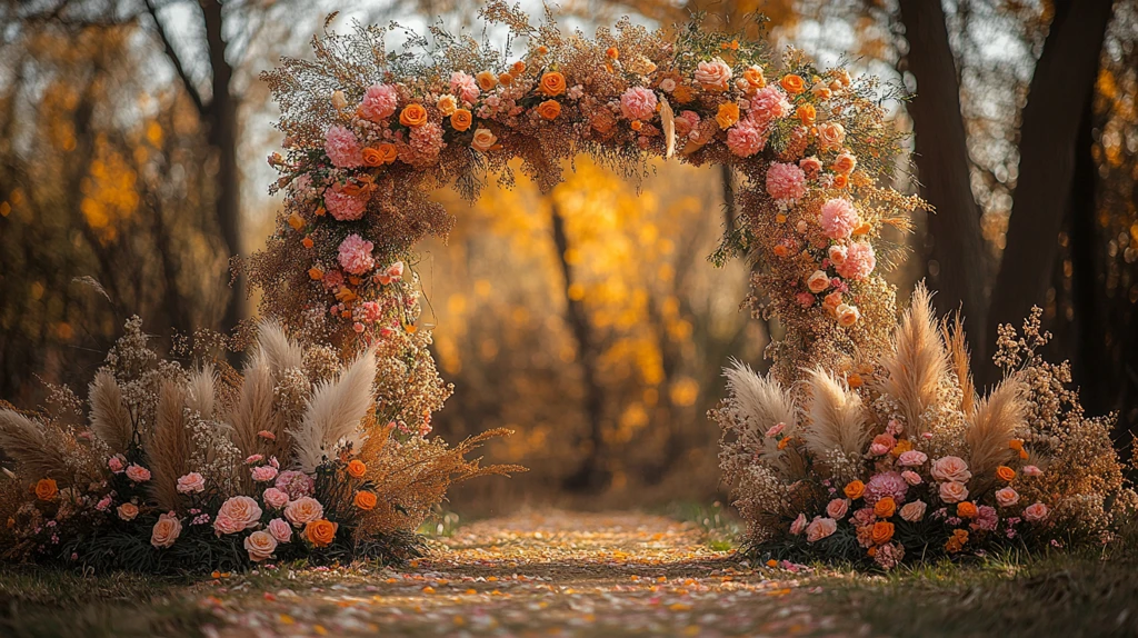 婚礼拱门与粉色花朵