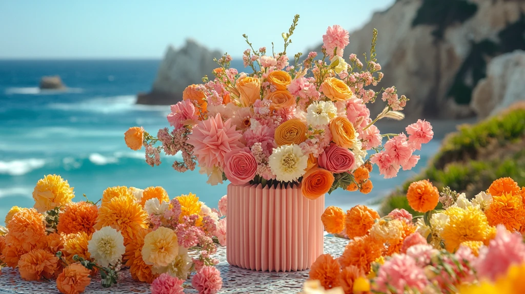 海边桌上的花束与折纸标志