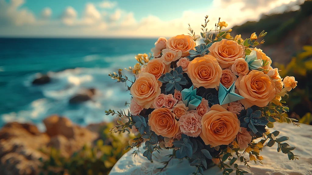 海边桌上的花束与折纸标志