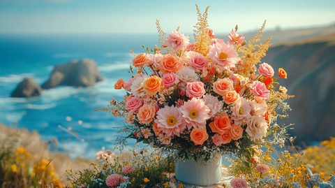 海边桌上的花束与折纸标志