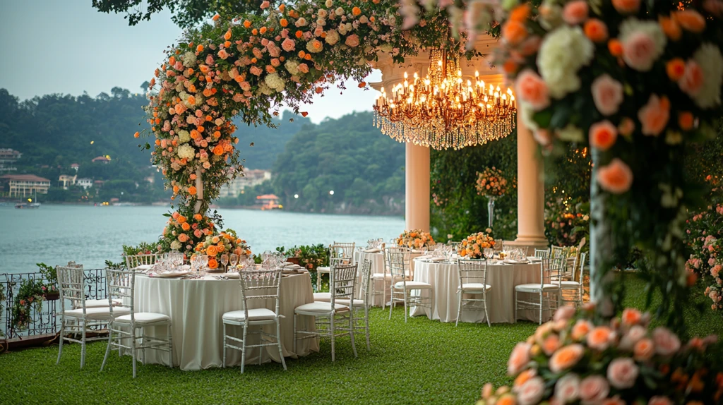 婚礼草坪上的白色桌子和吊灯